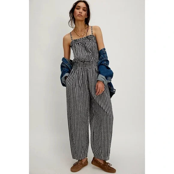 NWT Free People Retro Heatwave Gingham One-Piece Jumpsuit Black and White Boho - Picture 1 of 15